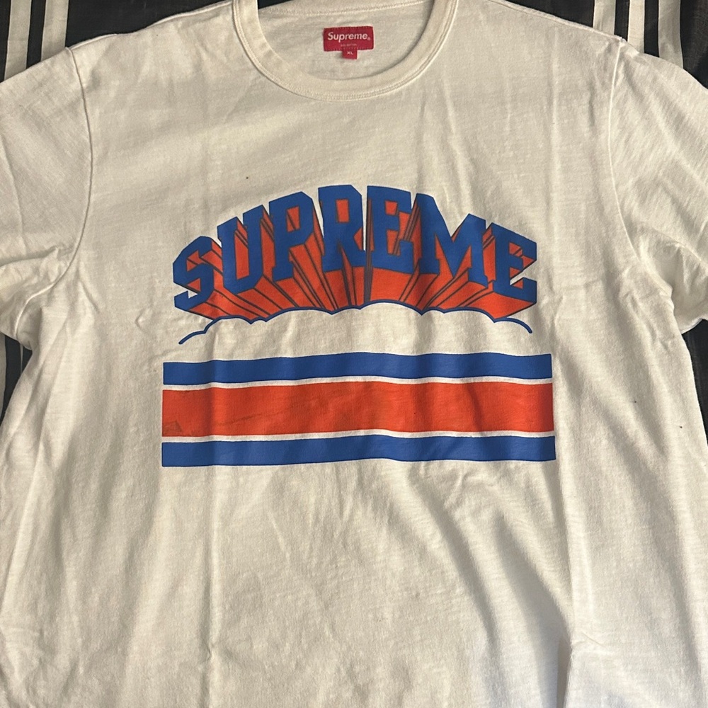 Supreme White Tee with Blue and Orange Arched Logo